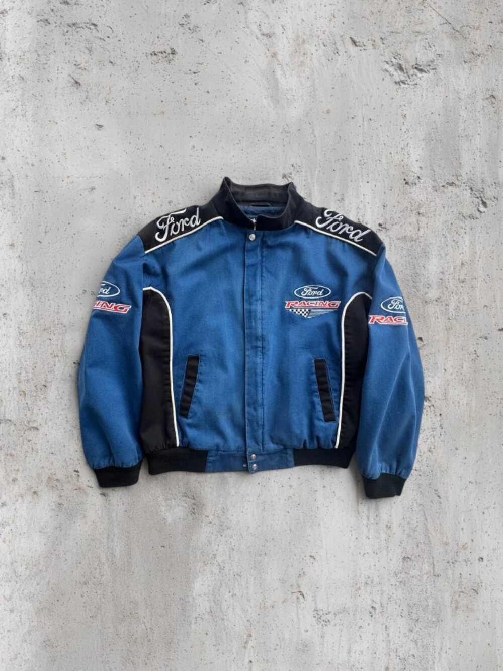 Vintage Ford Racing nascar Bomber Jacket Blue Black Embroidered Essex Size Md